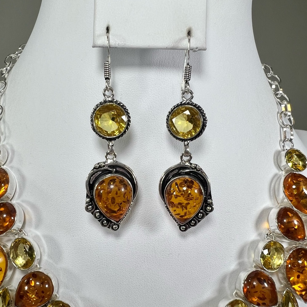 Amber & Citrine 925 Large synthetic stones Necklace Bracelet & ONE Earring ONLY - Picture 11 of 17